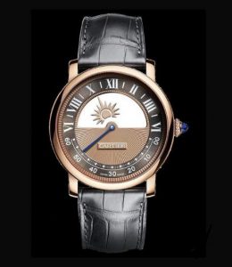The 18k rose gold copy Rotonde De Cartier WHRO0042 watches have grey leather straps.