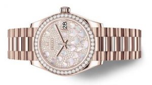 The everose gold fake Rolex Datejust 31 278285RBR watches have diamond-paved dials.