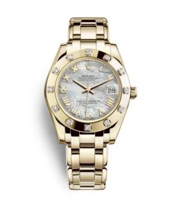 The gold fake watches have white mother-of-pearl dials.