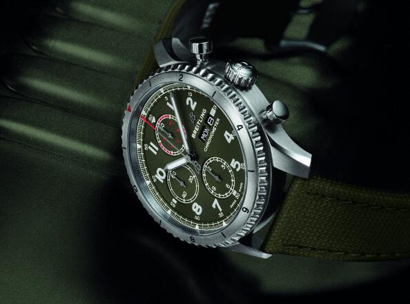 The timepiece sports a distinctive look of military style.